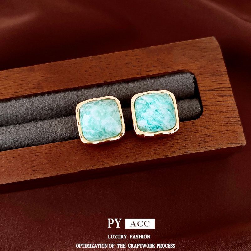 石头饰品简约百搭女轻奢吊坠耳环耳小众耳钉银针方形高级感设计感