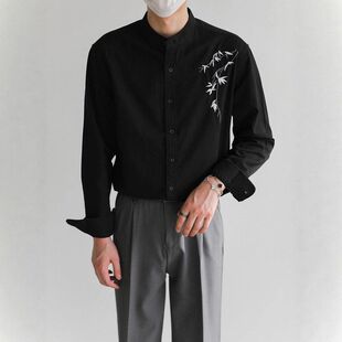 冬季国风刺绣花潮流立领男士衬衫长袖上衣竹叶衬衣新中式春秋纯棉