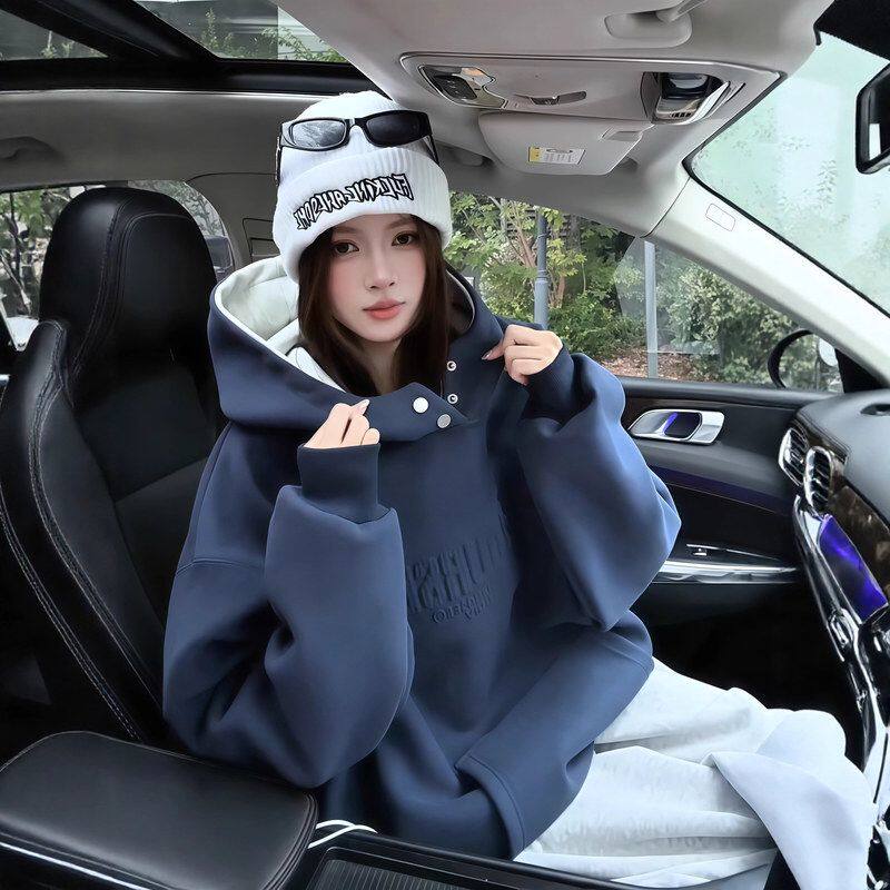 高领排扣卫衣外套加厚加绒慵懒秋冬硬挺半重磅连帽藏蓝色美式男女