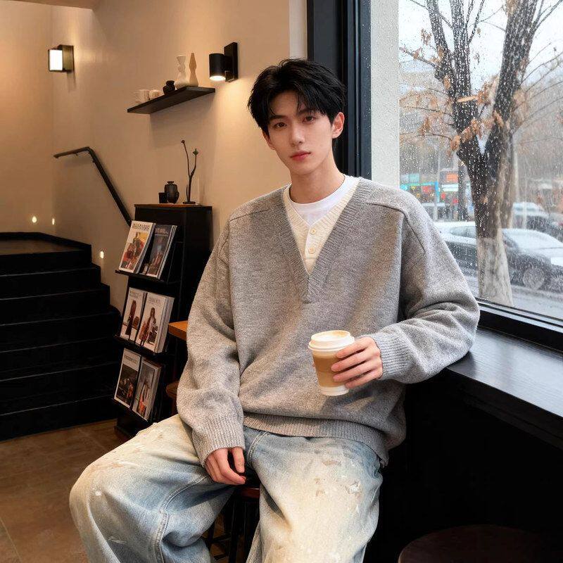 风正olop浅毛衣男款V衫亨利领卫衣针织衫慵懒领肩秋冬灰色假两件