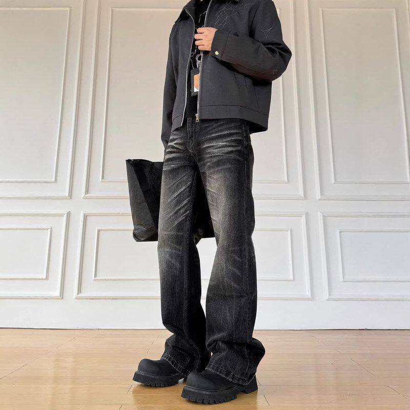 牛仔裤美式le水洗显瘦微喇复古黑色男款canfit做旧长裤高街潮牌