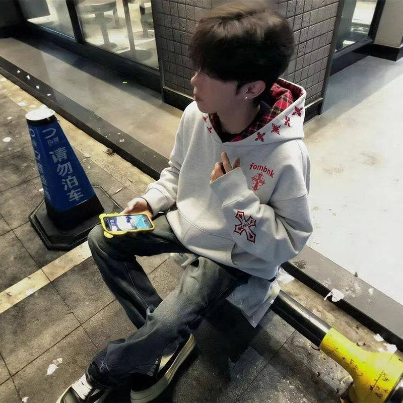 卫衣厂家帽衫格子直供美式春秋季重磅十字架拼接刺绣连帽外套男款