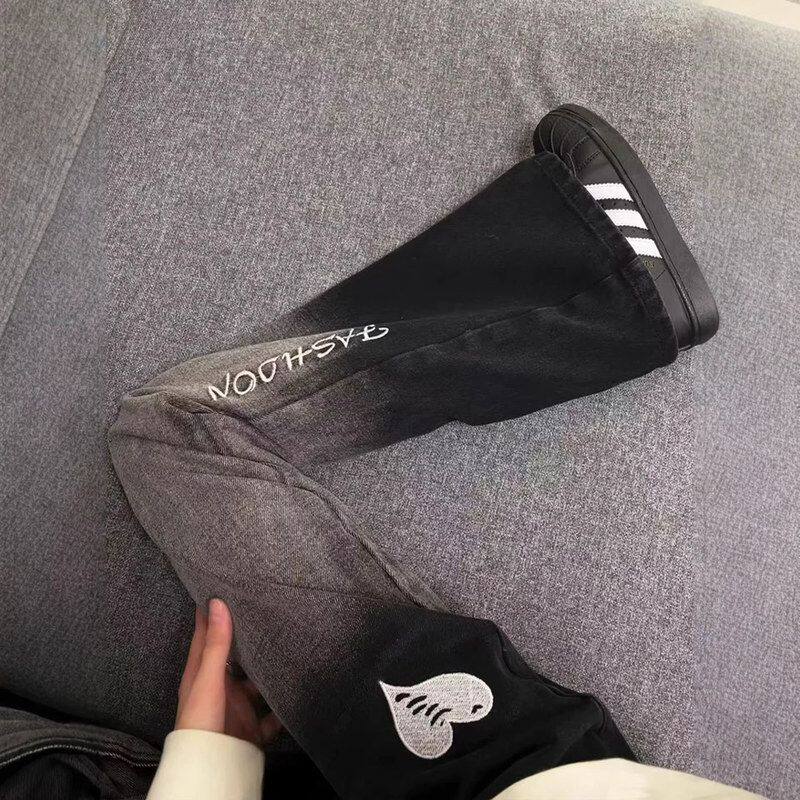 渐变刺绣高街裤子直筒爱心字母男款微喇裤牛仔裤冬季2026美式春秋