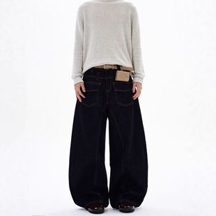 黑色牛仔裤小众设计感男女直筒裤子宽松反穿美式口袋弯刀丹宁水洗
