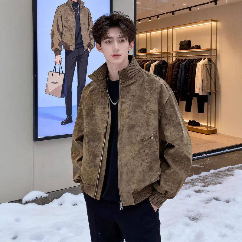 立领美拉德皮夹克外套穿美式痞帅搭棕色复古短款春秋男皮衣高级感