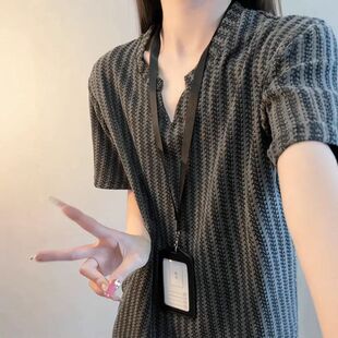 鱼骨T恤香风情侣V半袖纹领风小短袖男款慵懒夏季美式复古百搭宽松