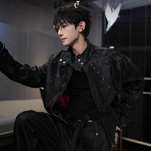 血高级感宝石蟒蛇秋冬纹理短款夹克外套皮衣男款棉服点缀机车小众