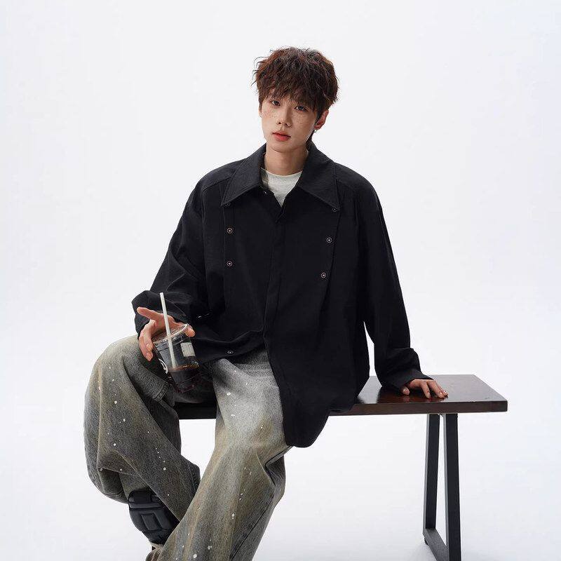 春季衬衫翻领休闲美式外套老钱拼接宽松衬衣风重磅纽扣长袖男黑色