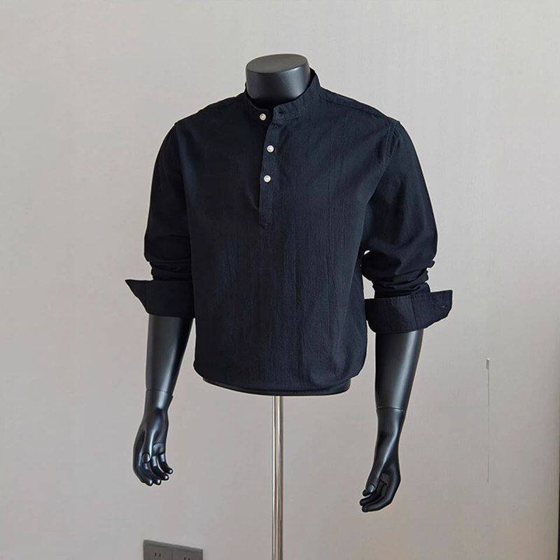 外套衬衣风穿亨利领搭春秋老钱美式长袖衬衫olo男款衫黑色高级感p