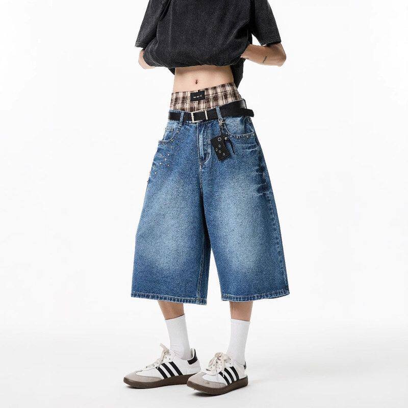 夏季男款高街牛仔短裤潮牌lec铆钉美式子七分裤阔腿裤蓝色anfit