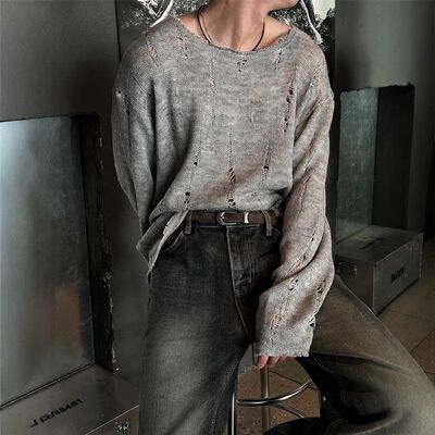 慵懒针织衫秋冬破洞复古小众拉丝