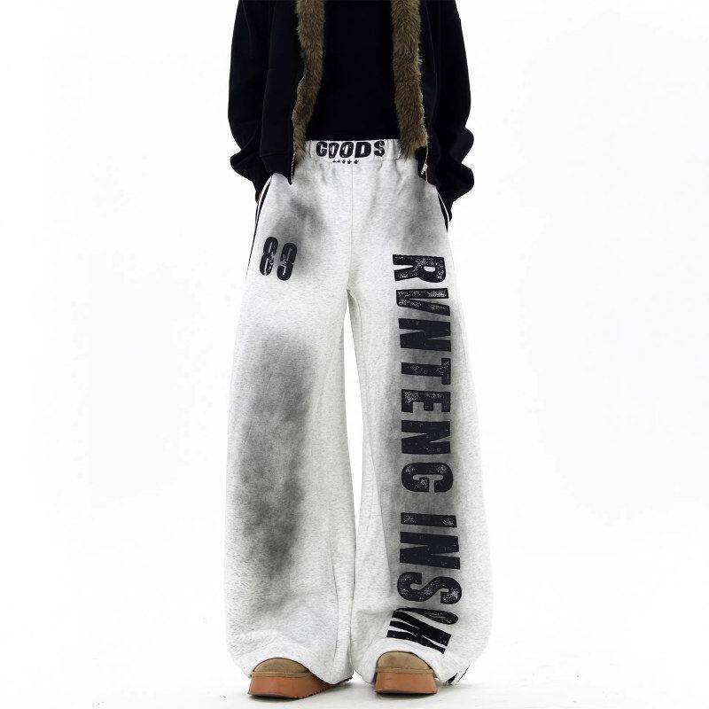 废土字母设计感高街做旧弯刀男冬季纯棉脏脏卫裤美式风阔腿休闲裤