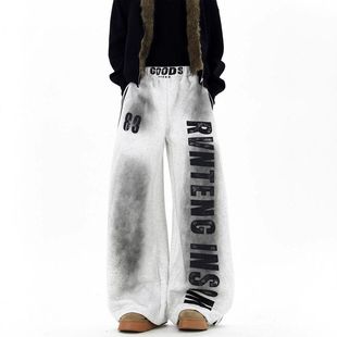 风阔腿休闲裤 美式 纯棉脏脏卫裤 废土字母设计感高街做旧弯刀男冬季