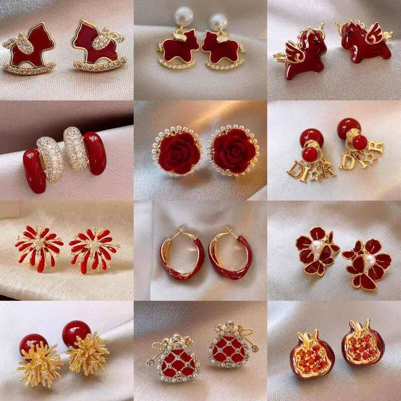 高级感气质百搭耳环镶钻银针个性女耳饰珍珠红色时尚简约耳钉轻奢