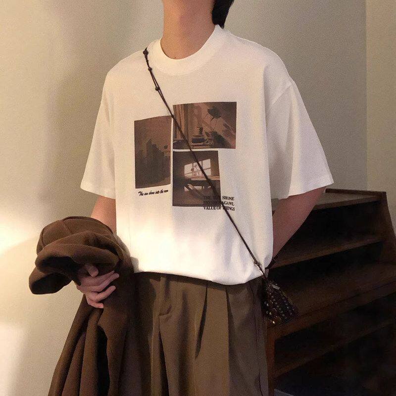 宽松新款纯棉短袖男夏季美式T恤2026休闲痞帅复古印花体恤衫潮牌