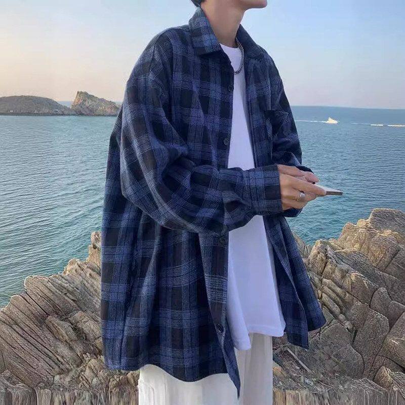 外套港风休闲复古款宽松男长袖衬衣潮牌格子衬衫韩版2024春秋