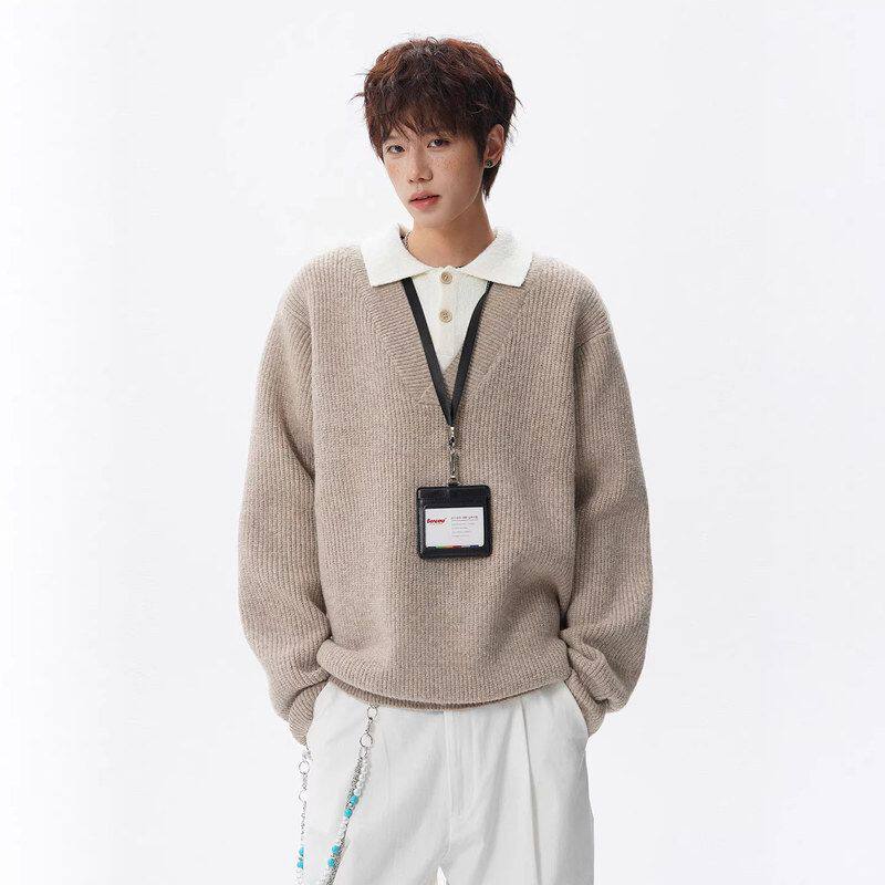 男生高级感加厚保暖假两件休闲冬季撞色宽松衬衫领毛衣大码针织衫