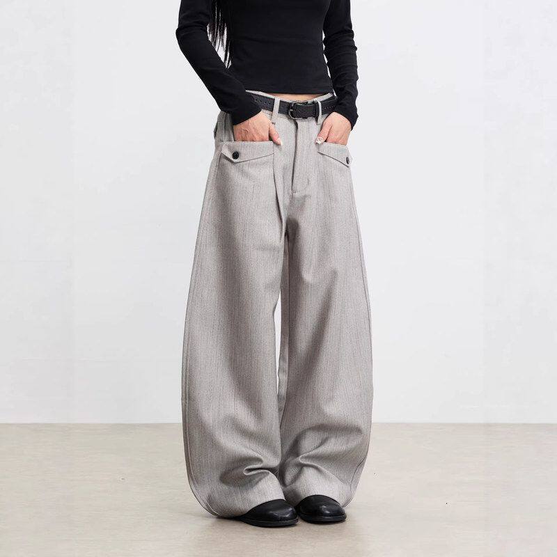 休闲裤男女弯刀宽松纽扣裤子春季简约风阔腿设计感老钱通勤西装裤