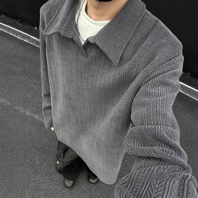 麦穗提花长袖领内肌理翻领搭