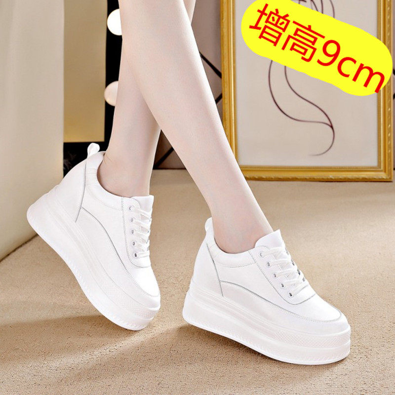 内增高女鞋春秋小个子穿的增高10公分鞋子真皮厚底休闲运动小白鞋