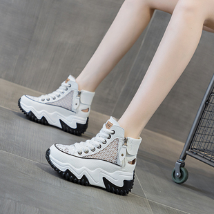 夏季高帮鞋女短筒网靴内增高休闲运动鞋小个子搭配裙子短裙的鞋子