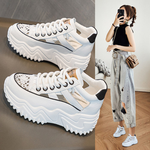 松糕跟真皮圆头休闲运动鞋女