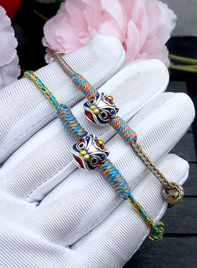 ins风足银珐琅醒狮编绳手链女原创设计手工编绳diy银醒狮银饰手链