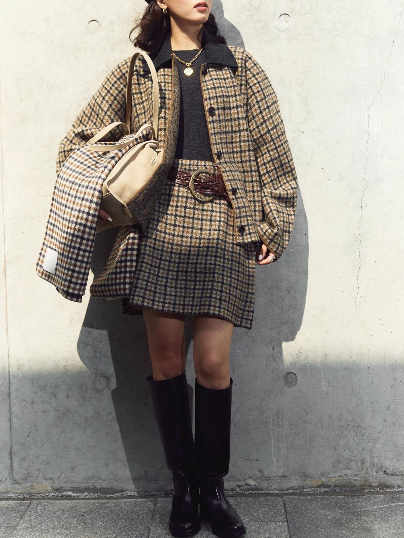 25秋冬新款C家针织格纹套装棕色羊毛夹克迷你学院风半身裙复古女