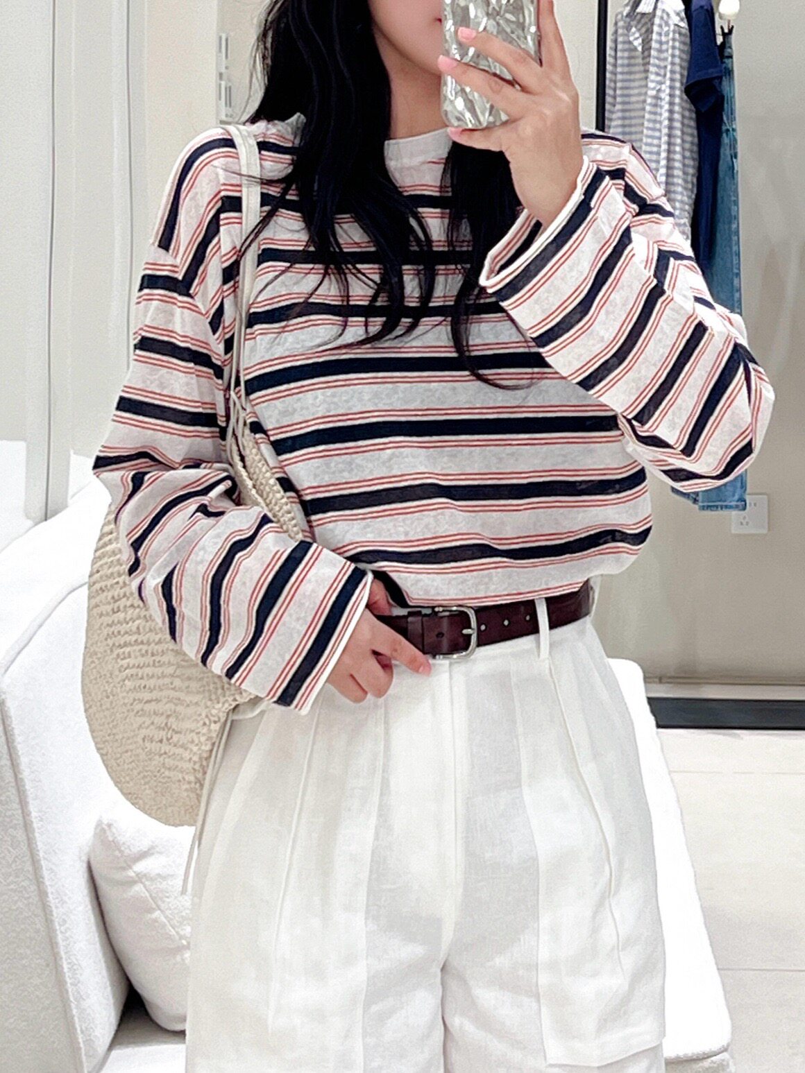 26夏季新款针织EDT恤衣摆抽绳条纹棉麻圆领长袖亚麻针织衫 女