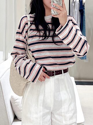 26夏季新款针织EDT恤衣摆抽绳条纹棉麻圆领长袖亚麻针织衫 女