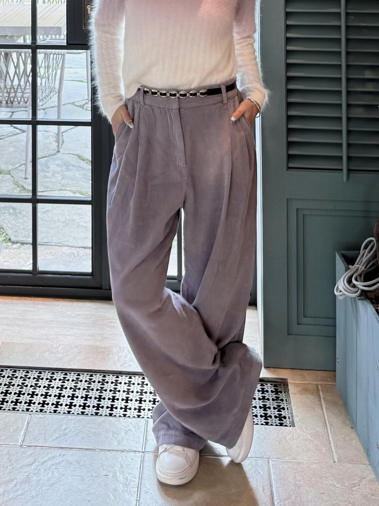 25新款秋季BS法式薰衣草灯芯绒阔腿裤直筒高腰紫色长裤慵懒休闲女