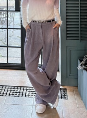 25新款秋季BS法式薰衣草灯芯绒阔腿裤直筒高腰紫色长裤慵懒休闲女