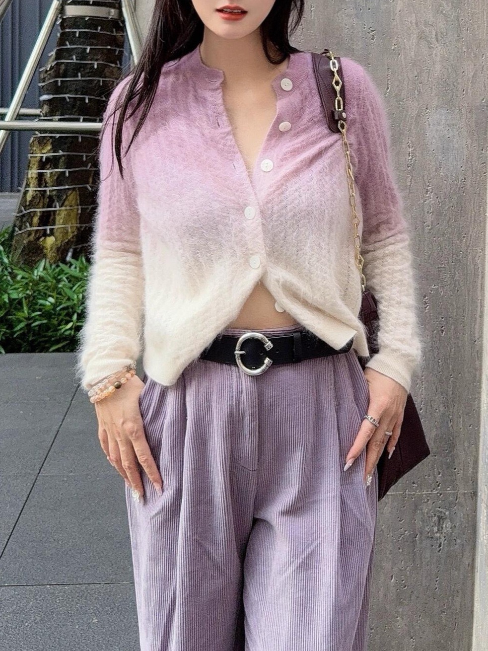 25秋季新款BS吊染粉色渐变毛针织衫圆领拉绒开衫软糯长毛感上衣女