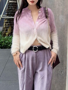 26春秋新款BS吊染粉色渐变毛针织衫圆领拉绒开衫软糯长毛感上衣女