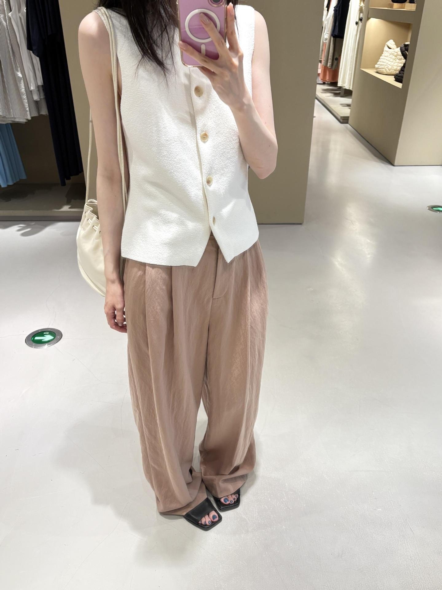 26春季新品C家休闲版型褶裥阔腿裤粉色通勤宽松长裤莱赛尔混纺女