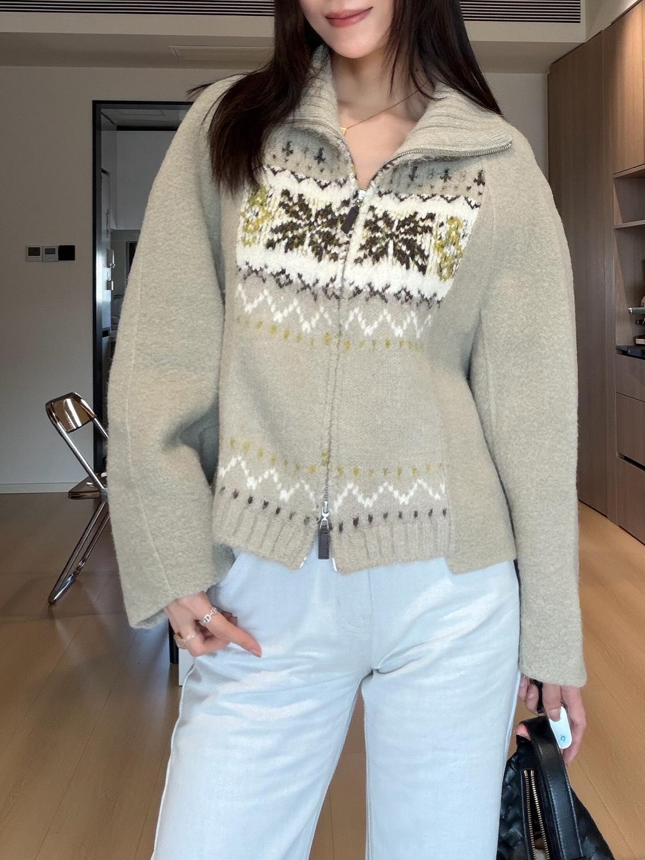 25秋冬SW费尔岛绵羊毛混纺毛呢外套拼接针织双面尼短款拉链上衣女