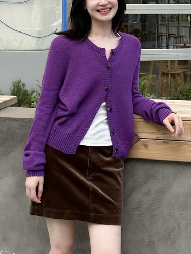 25秋冬季新款羊毛针织衫开衫单排扣MC小开衫纯色圆领紫色上衣 女