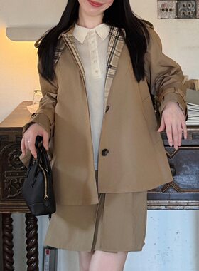 26秋新款COS风复古氛围感格纹拼接连帽风衣外套女宽松休闲上衣女