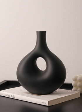 创意景德镇陶瓷圆圈黑色花瓶套装简约家居客厅插花高级感镂空
