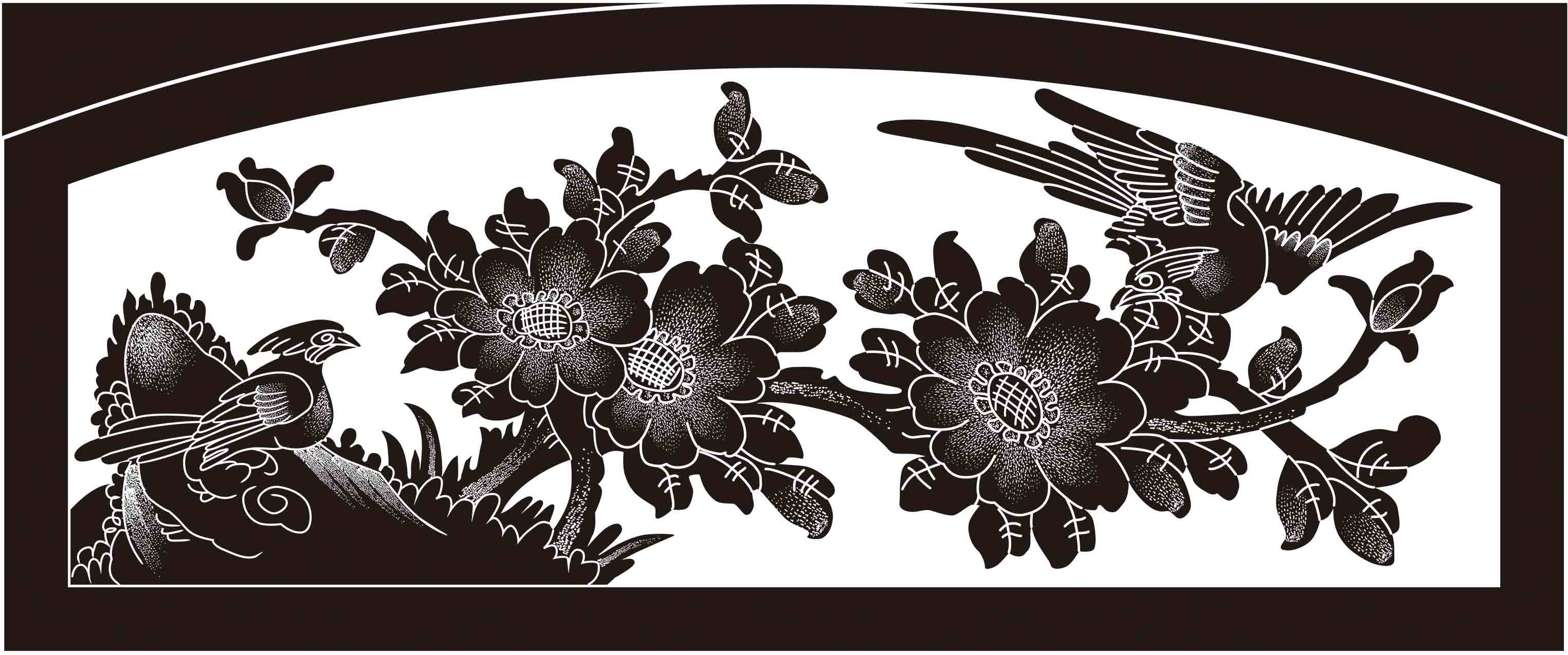 激光机雕刻图  激光影雕  影雕  花鸟图 栏板图 花开富贵