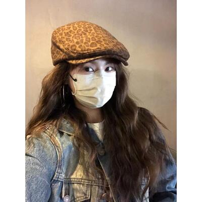 GREENHOUSES日系复古豹纹前进帽女新款百搭显脸小英伦风贝雷帽男