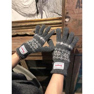 摩登复古费尔岛针织手套男女骑车保暖提花分指触屏毛线手套防寒潮