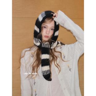 feytiy 黑白条纹巴拉克拉法帽秋冬加厚加大保暖连帽围巾 时髦百搭