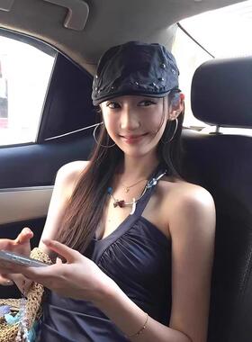 黑色复古朋克铆钉前进帽女夏薄个性小众鸭舌贝雷帽显脸小画家帽子