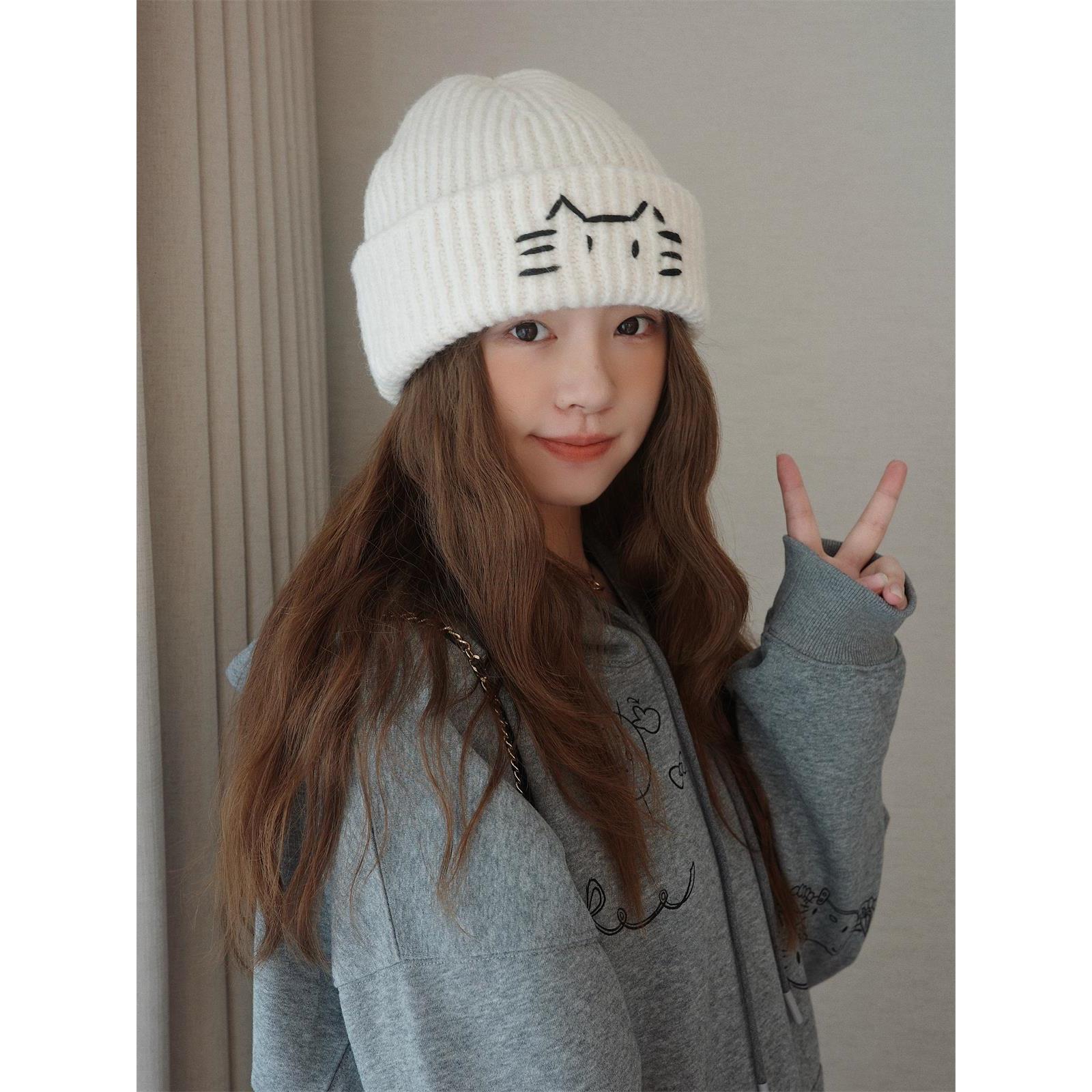 韩系大头围可爱猫咪针织帽子女秋冬护耳保暖毛线帽显脸小潮