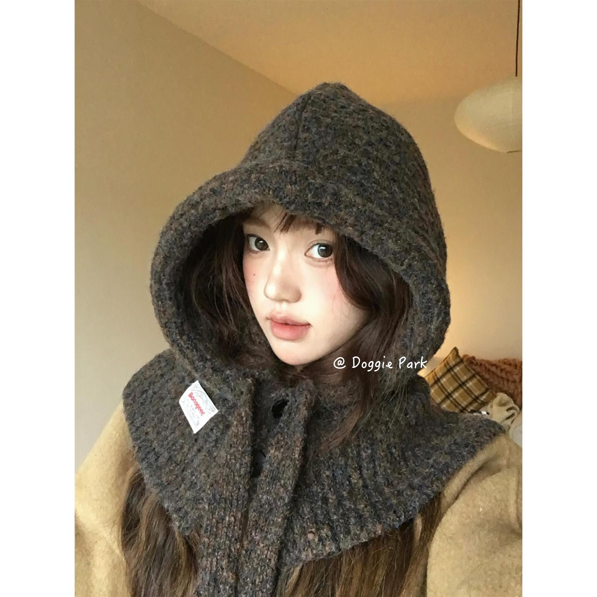 秋冬季帽子围巾一体混色巴拉克拉法帽秋冬百搭韩系围脖绣标保暖女