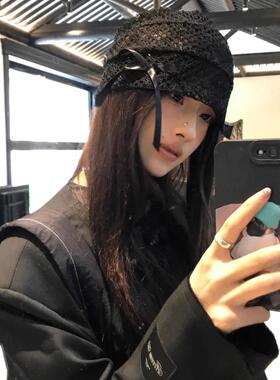 蕾丝镂空蝴蝶结包头帽女夏韩版小众设计感黑色堆堆帽复古套头帽子