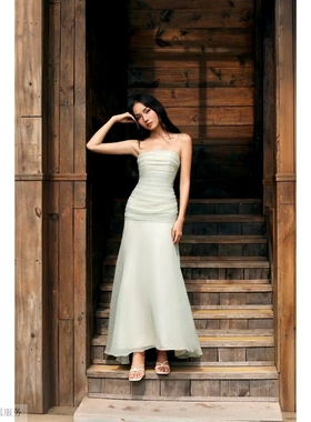 越十年越南小众gout清新甜美可爱少女风抹胸网纱拼接大摆连衣裙