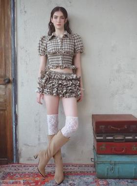 越十年越南小众letitia新款经典格子泡泡袖上衣短裙套装