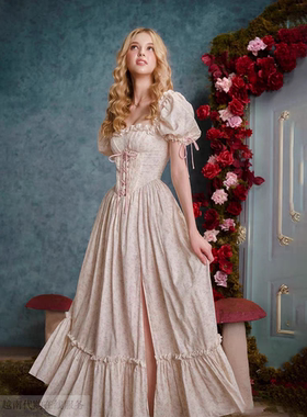 越十年越南小众sissy新款复古宫廷风印花系带收腰显瘦连衣裙